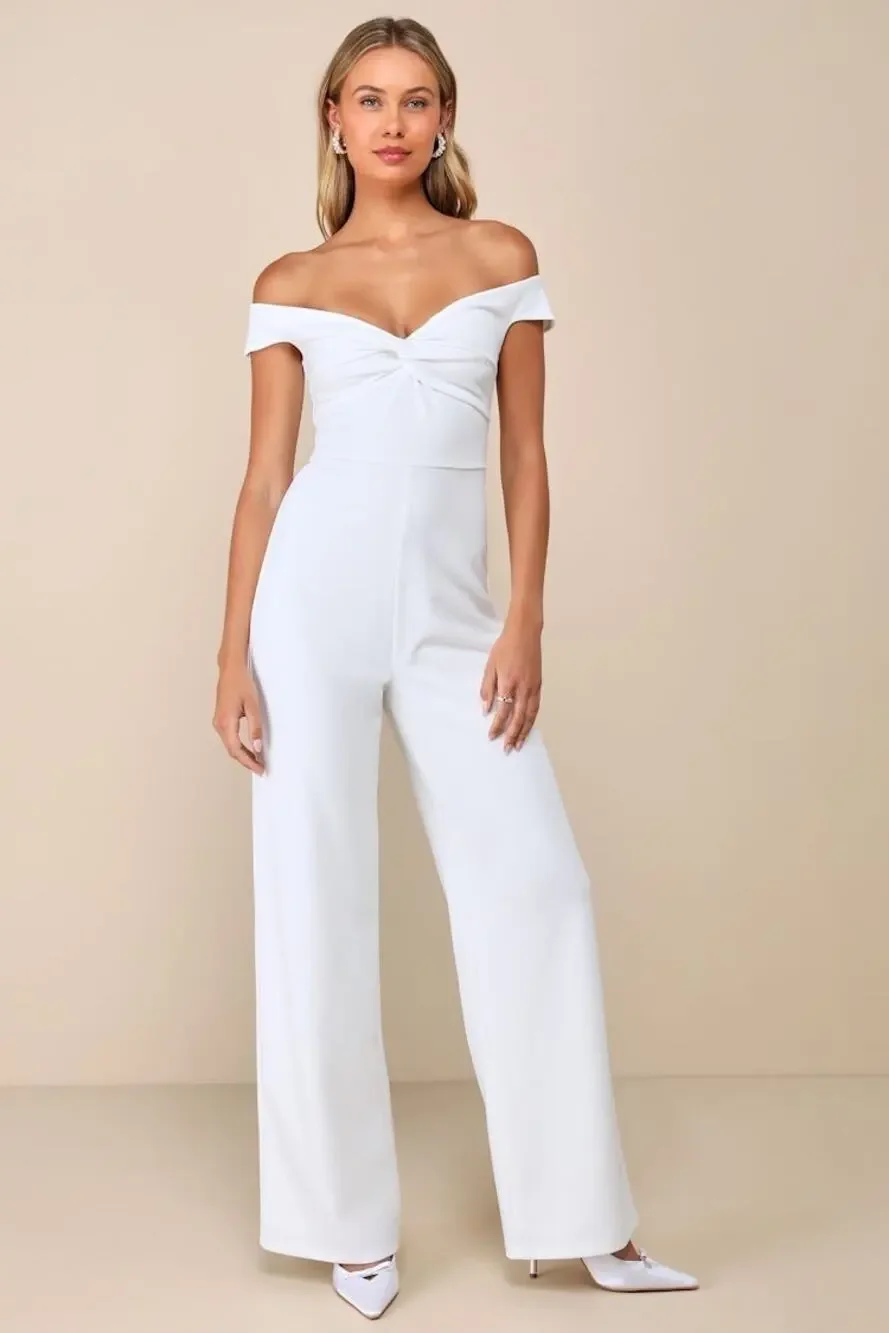 NWT Lulus Stunning Existence White Off-the-Shoulder Knot-Front Jumpsuit Size L